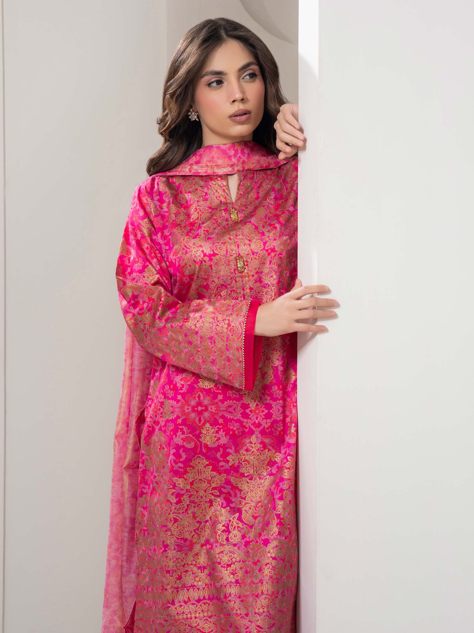 3 Piece Satin Suit-Paste Print (Pret)