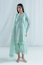 UAE-3 Piece Embroidered Lawn Suit with Borders, Bunches and Silk Dupatta FE-52079