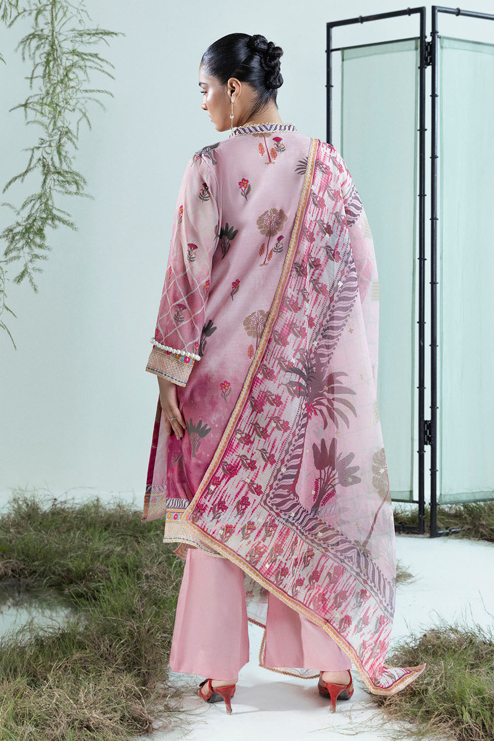 UAE-3 Piece Printed Monar Slub Suit with Handwork and Khaddi Net Dupatta FE-52072