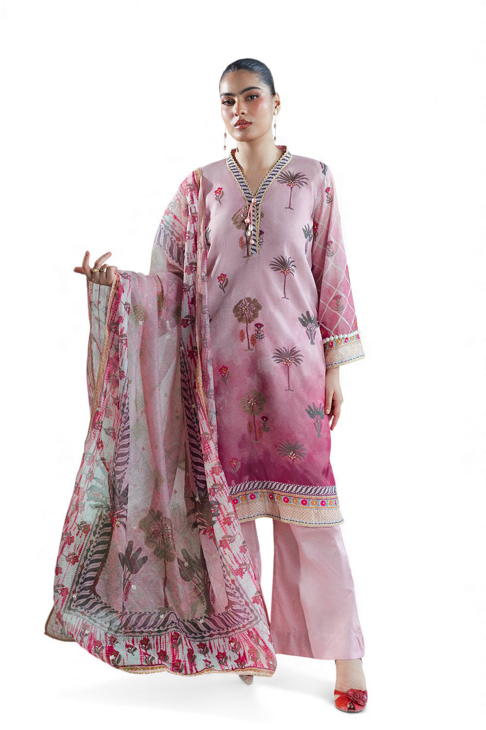 UAE-3 Piece Printed Monar Slub Suit with Handwork and Khaddi Net Dupatta FE-52072