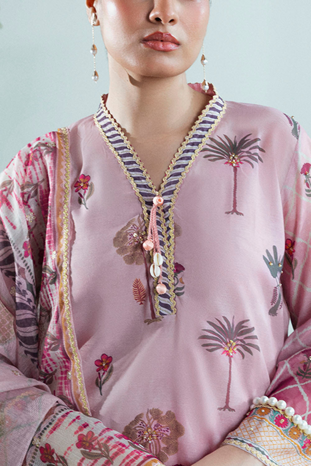 UAE-3 Piece Printed Monar Slub Suit with Handwork and Khaddi Net Dupatta FE-52072