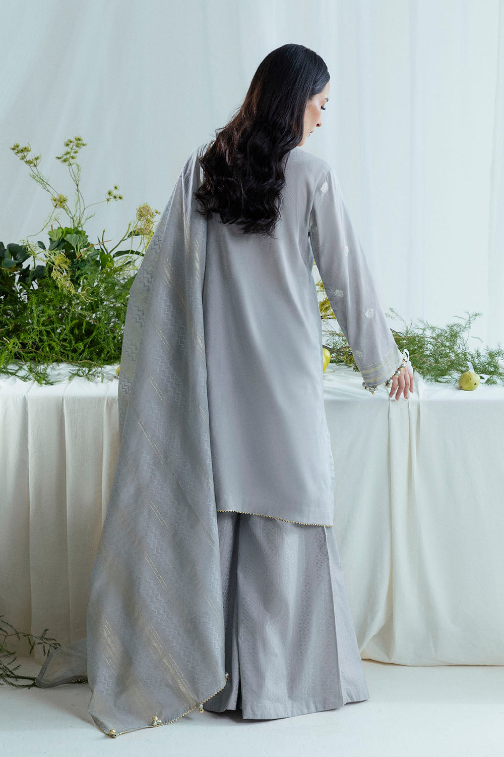 UAE-3 Piece Embroidered Self Jacquard Suit with Handwork and Chikan Kari Trouser FE-52045