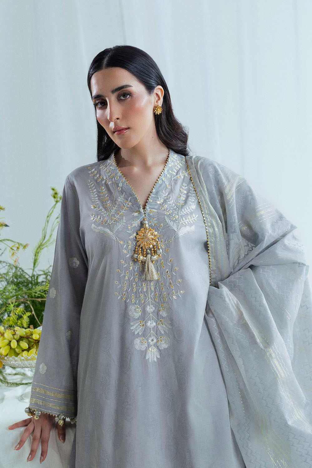 UAE-3 Piece Embroidered Self Jacquard Suit with Handwork and Chikan Kari Trouser FE-52045