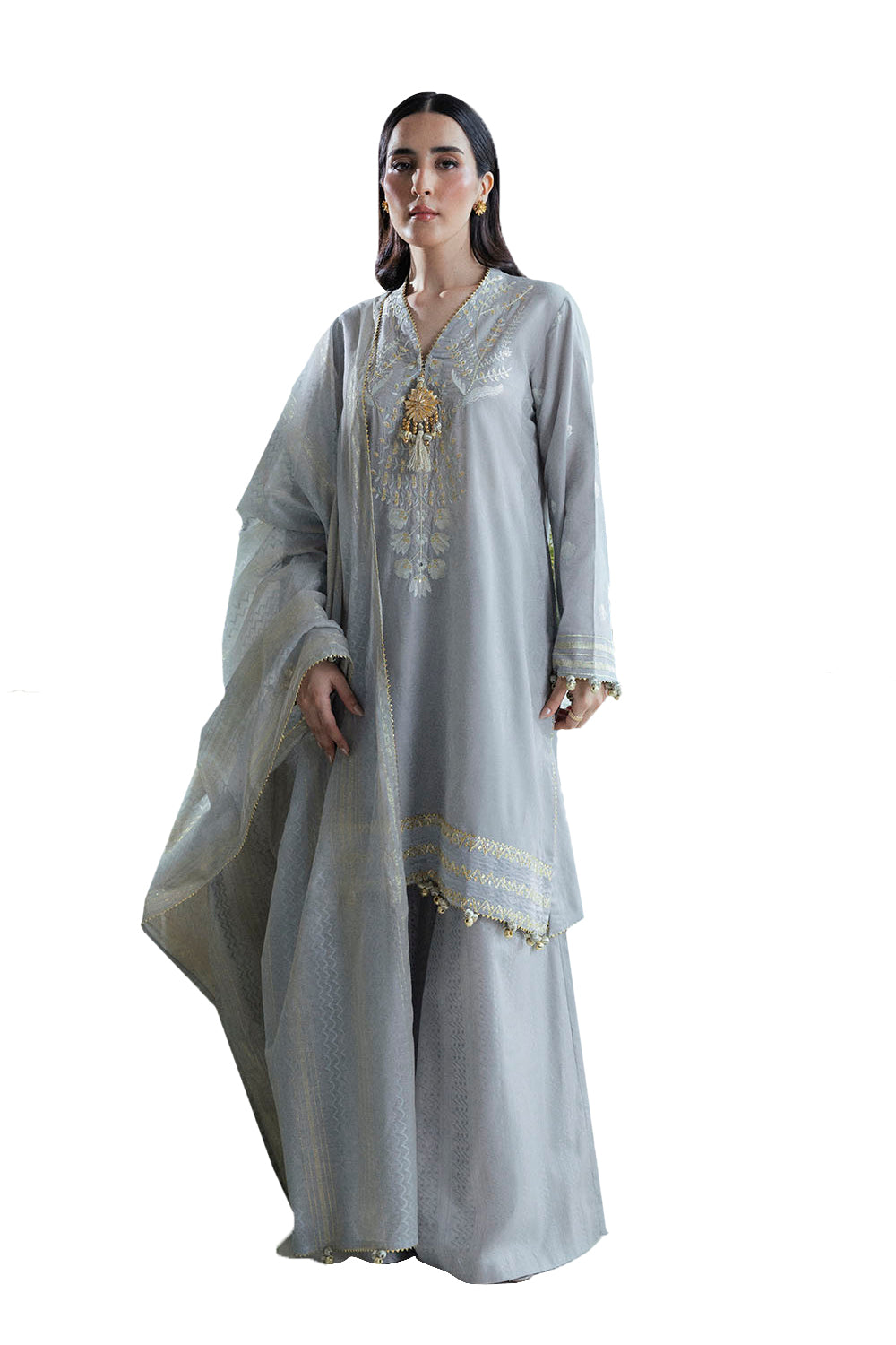 UAE-3 Piece Embroidered Self Jacquard Suit with Handwork and Chikan Kari Trouser FE-52045